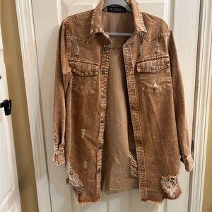 Lucky & Blessed Distressed Brown Denim Jacket